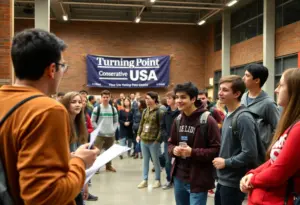 Students engaging in discussions about conservative values at a high school.