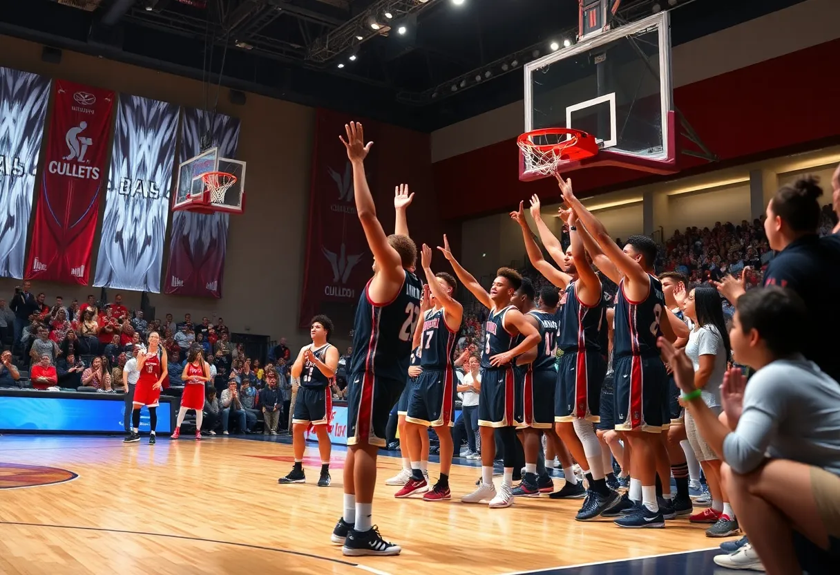 UConn women's basketball team celebrating their victory against Marquette.