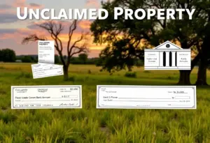 Visual representation of unclaimed property in Texas, including checks and bank accounts.