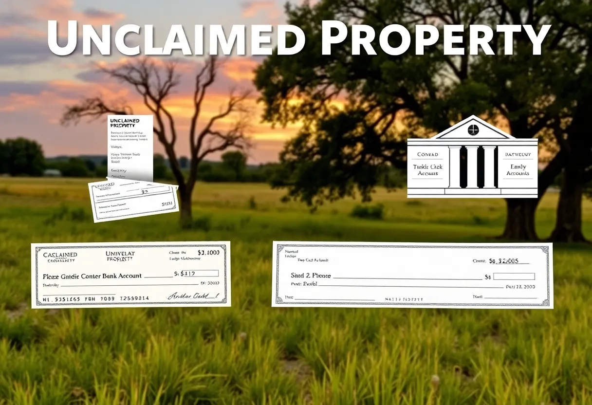 Visual representation of unclaimed property in Texas, including checks and bank accounts.