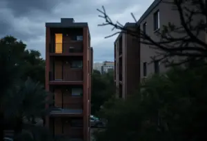 A skyline view from a balcony near the University of Texas campus, evoking a sense of reflection.