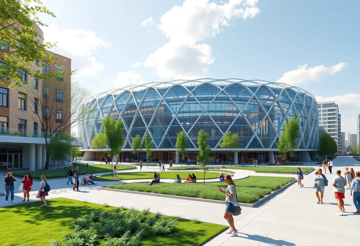 Render of the new UT Austin multipurpose arena with adjacent student-athlete housing