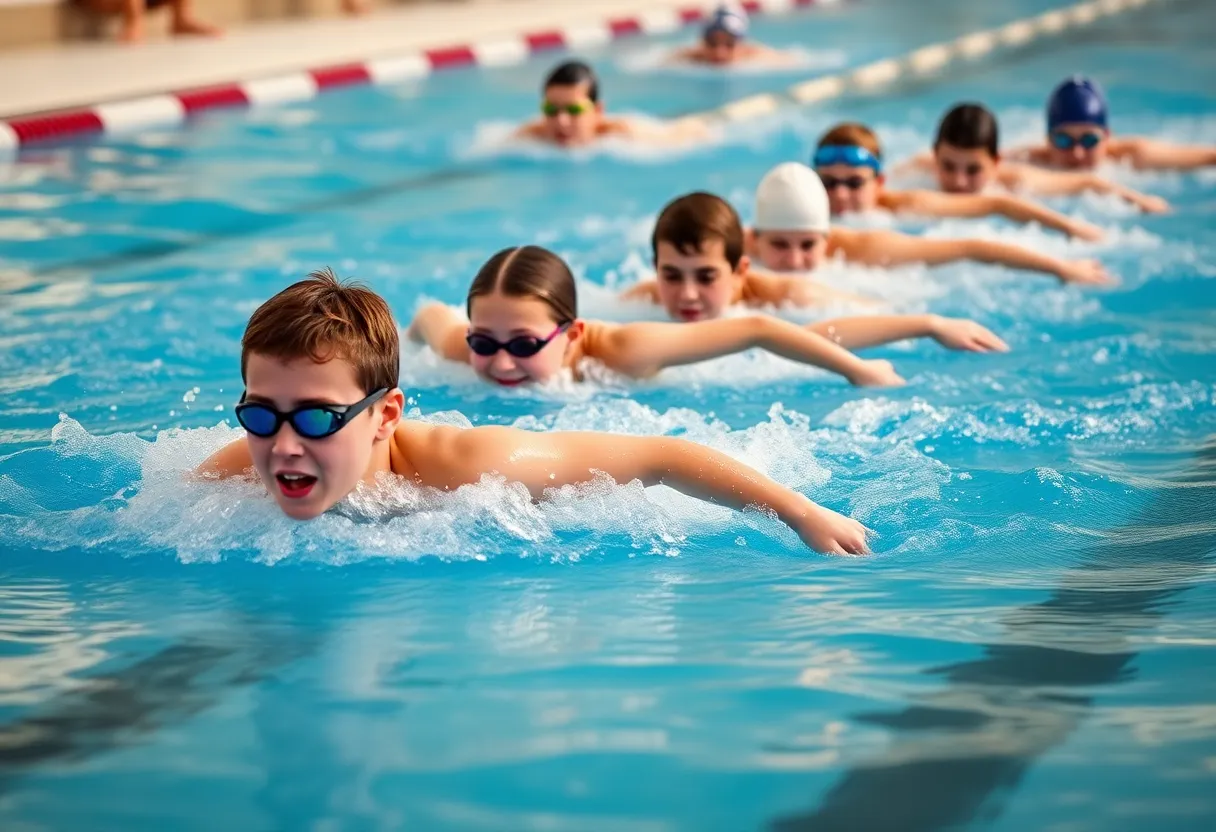 Waterloo Swimming's relay team competing at the Winter Juniors West Meet