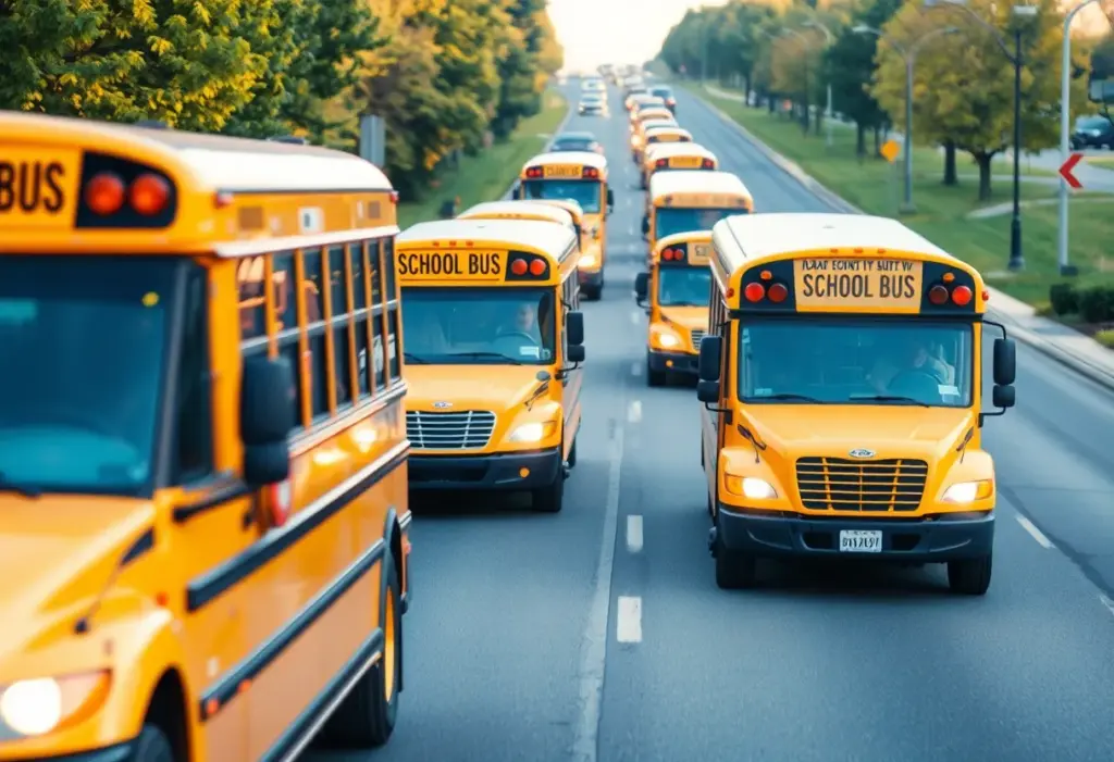 Illustration of self-driving vehicles around school buses highlighting safety