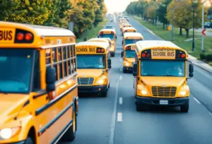 Illustration of self-driving vehicles around school buses highlighting safety