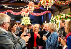 Attendees enjoying wine and cheese at the fundraising event