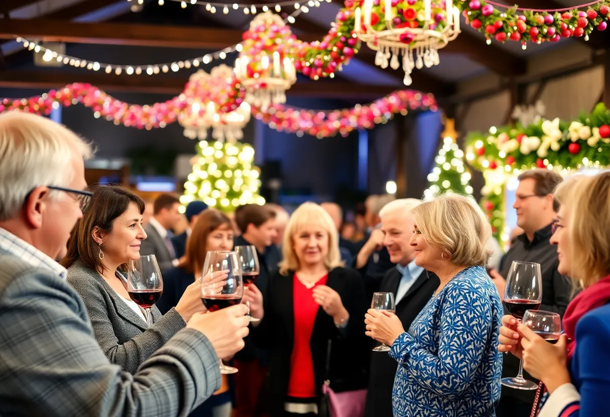 Attendees enjoying wine and cheese at the fundraising event