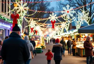 A vibrant winter celebration in a Texas town with families gathered around a market.