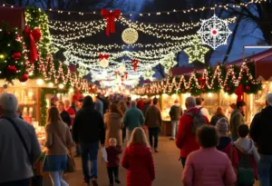 A festive market in Seguin, Texas during the Winter ONEderland event with local vendors and families.