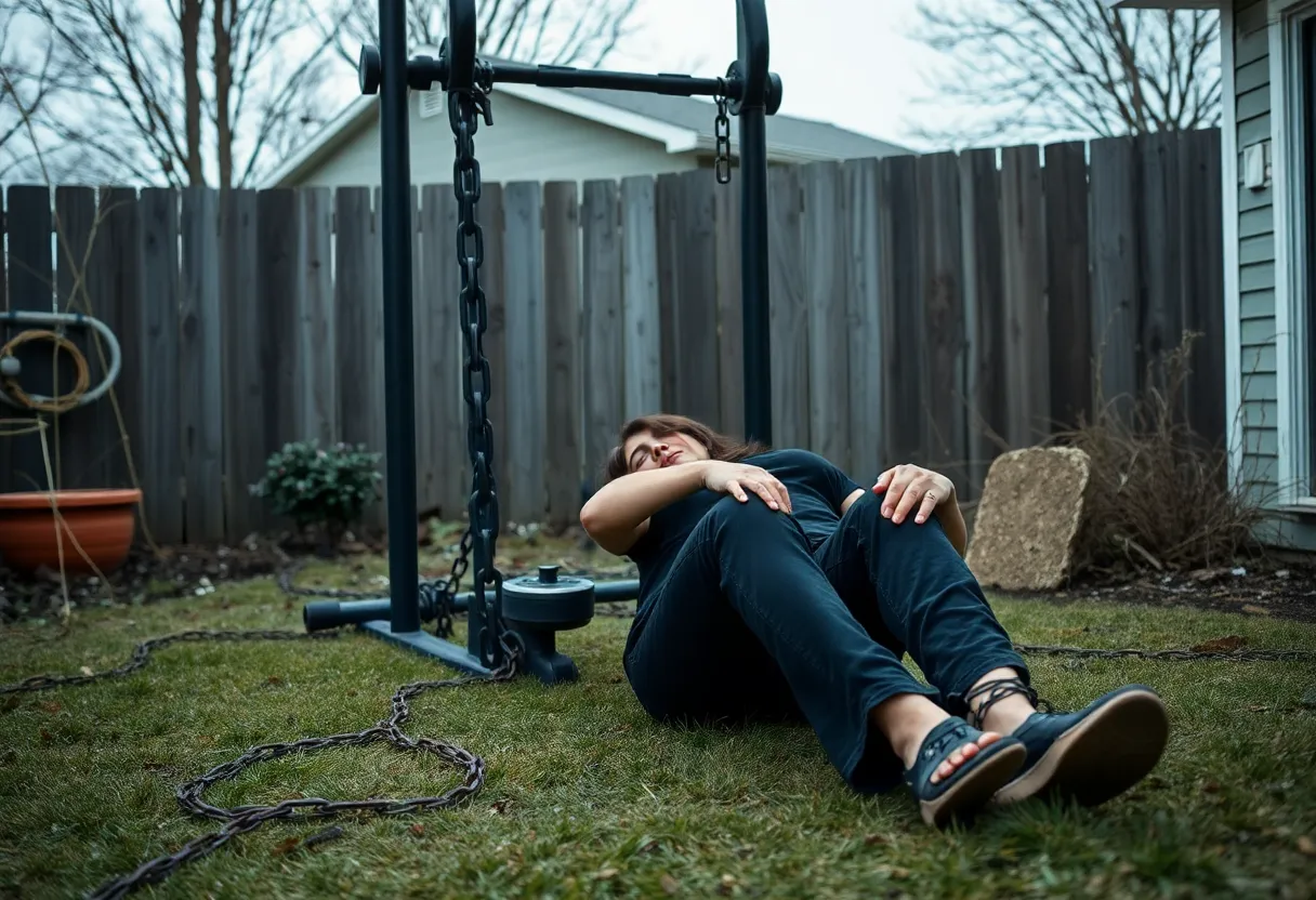 Distressed woman rescued from being chained in a backyard.
