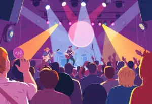 Audience enjoying a Yacht Rock concert with a tribute band performing classic soft rock hits.