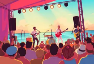 Concert scene featuring musicians and enthusiastic audience