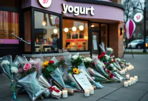 Memorial display outside yogurt shop with flowers and candles