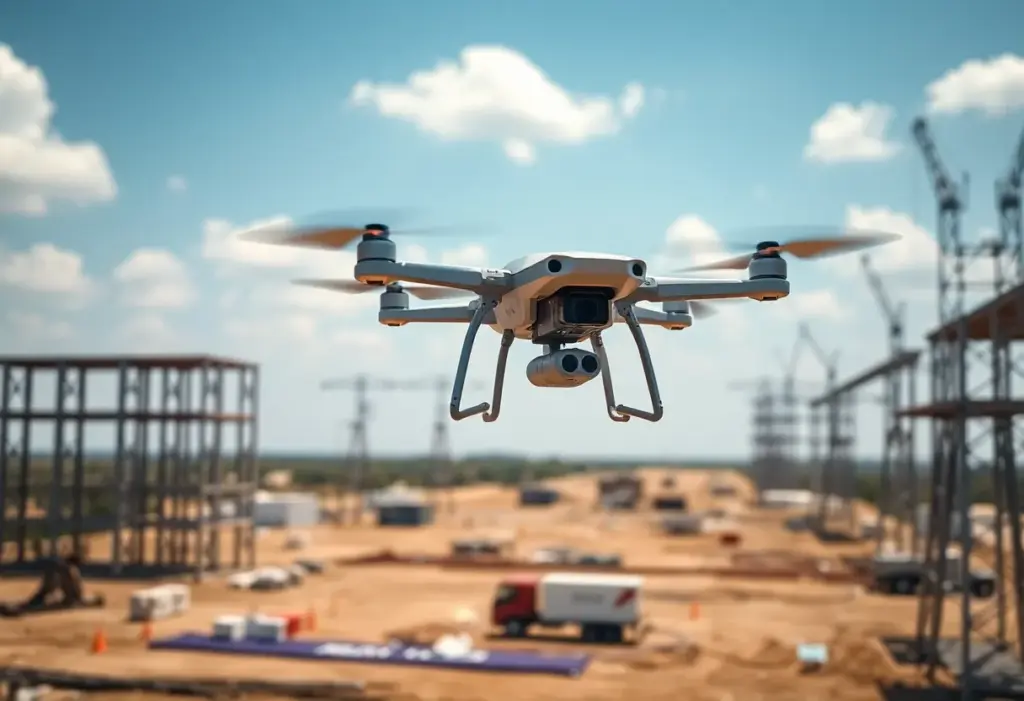 Drones flying over a construction site in Texas for power grid development.