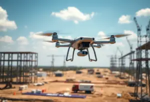 Drones flying over a construction site in Texas for power grid development.