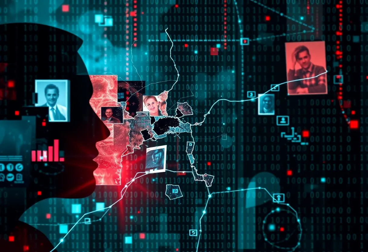 Abstract art depicting digital misinformation with distorted images and binary code.