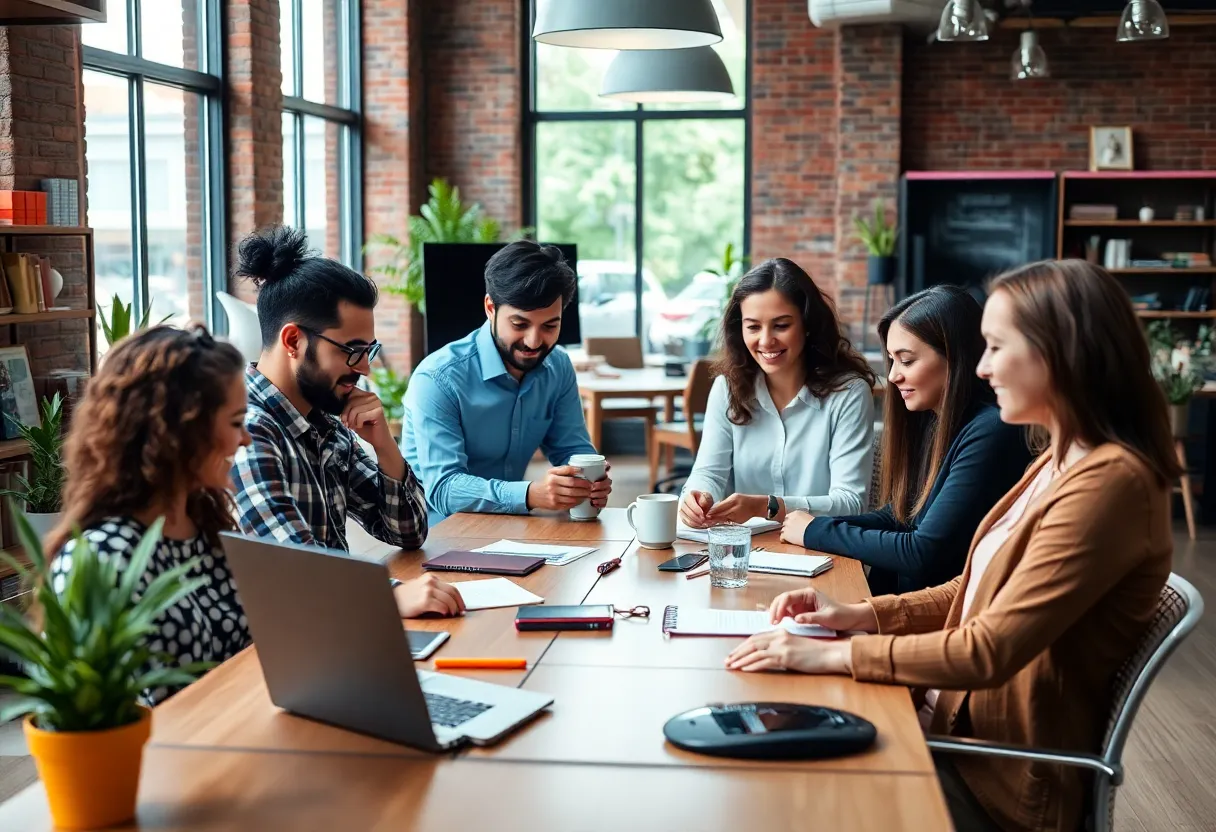 Small business owners using an AI tool to create social media content