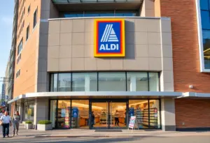 Exterior view of an Aldi grocery store with shoppers entering.
