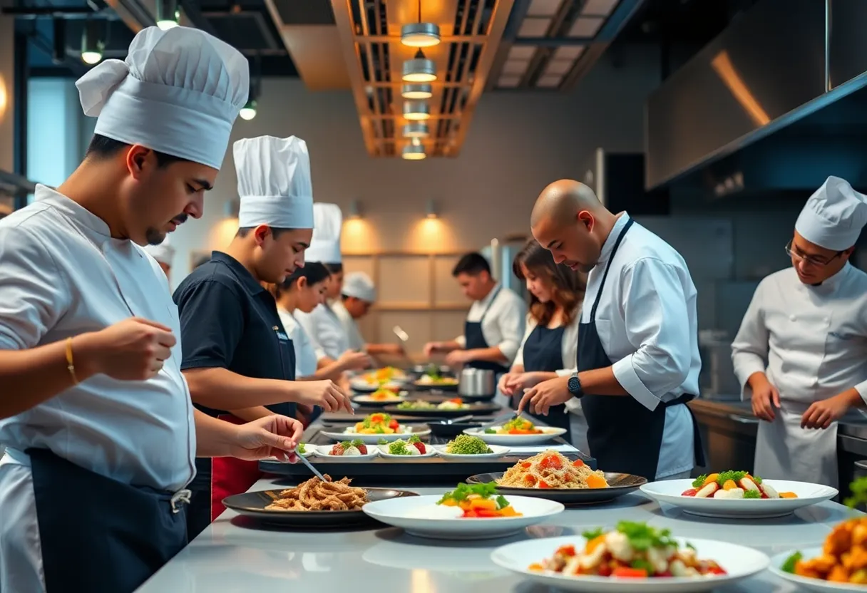 Chefs competing in America's Culinary Cup cooking show in a bustling kitchen.