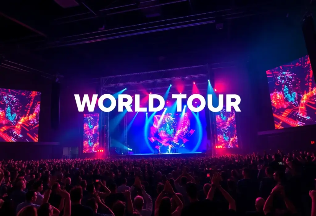 A colorful concert scene during A$AP Rocky's world tour performance