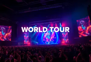 A colorful concert scene during A$AP Rocky's world tour performance