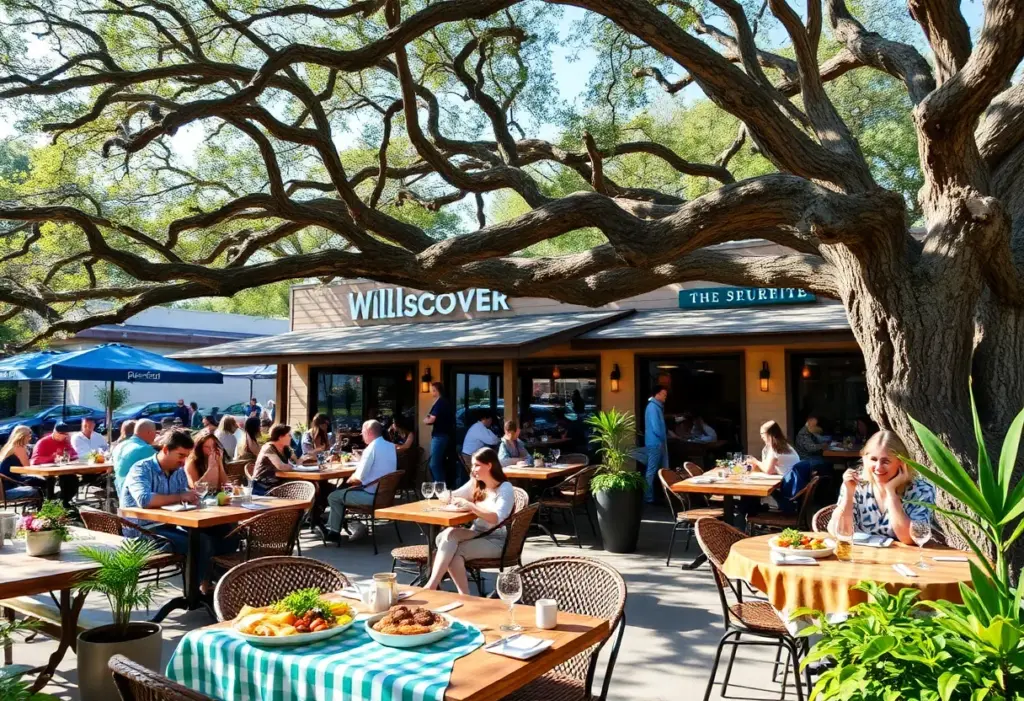 Patrons enjoying outdoor dining at Astra Restaurant & Bar under shady oak trees.