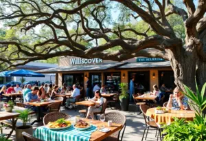 Patrons enjoying outdoor dining at Astra Restaurant & Bar under shady oak trees.