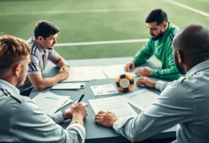 Artistic depiction of a team strategy meeting discussing football operations.