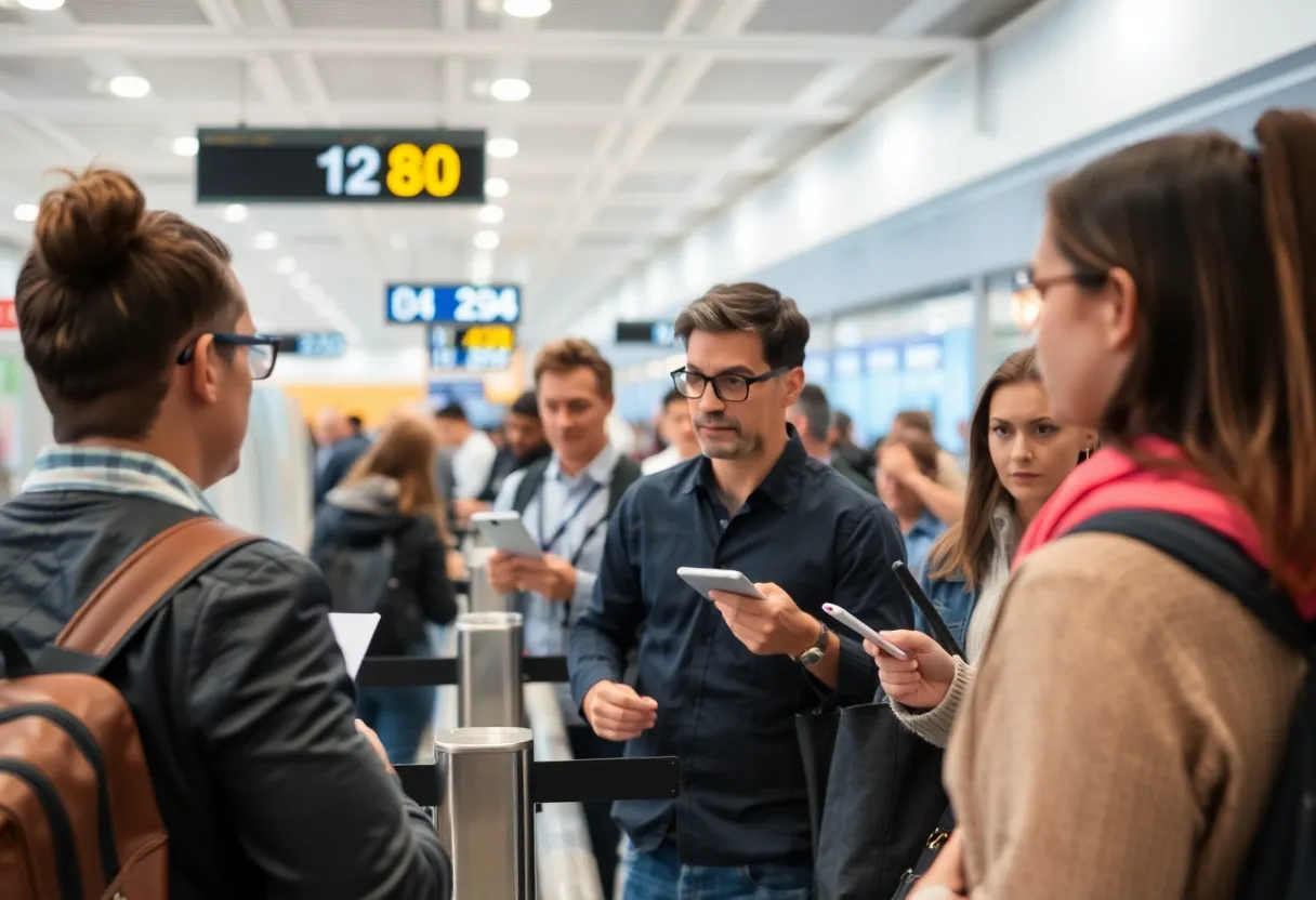 Travelers presenting identification at a TSA security checkpoint in Austin Airport.