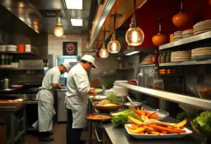 Chefs working in a busy Austin restaurant kitchen