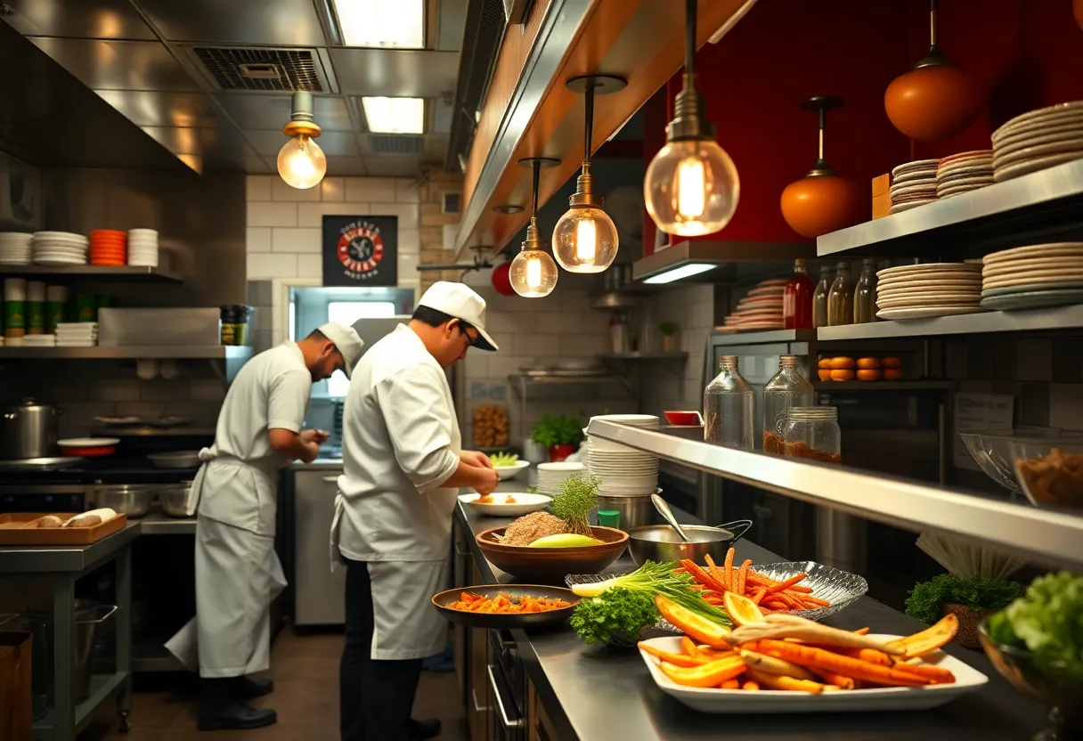 Chefs working in a busy Austin restaurant kitchen