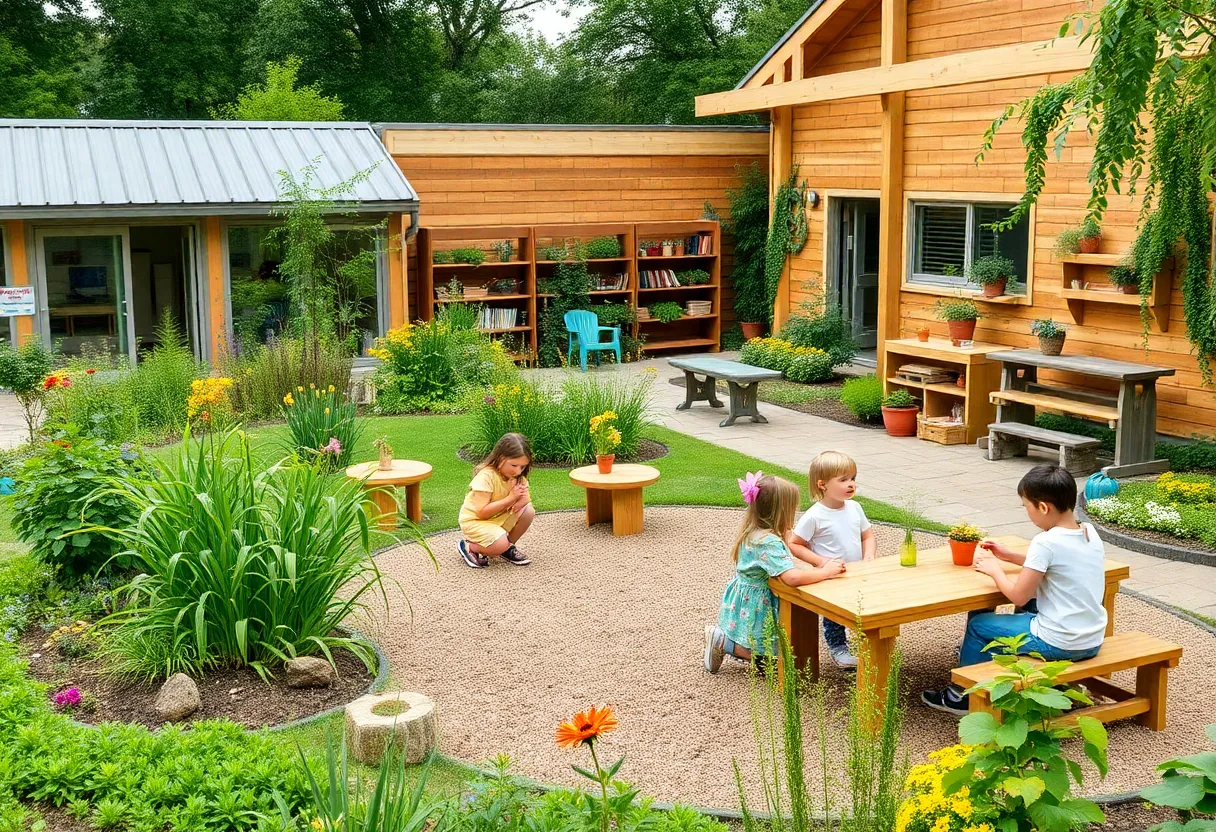 Outdoor classroom with children learning in nature at Austin Children's Academy