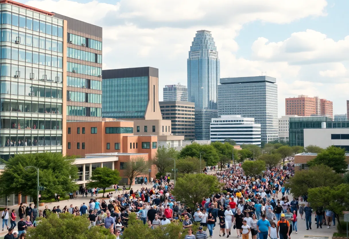 Cityscape of Austin, Texas showing modern architecture and community life.
