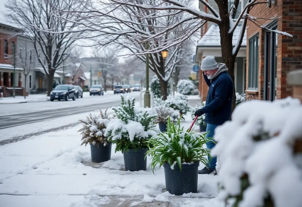 Residents in Austin preparing for a cold front with snow in the background