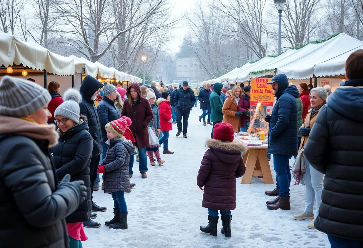Families and vendors at an outdoor community event amidst cold winter weather in Austin