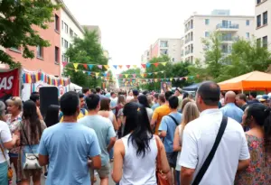 A vibrant outdoor community event in Austin showing people engaged in various fun activities.