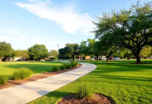 A peaceful community park in Austin, Texas, representing community safety and awareness.