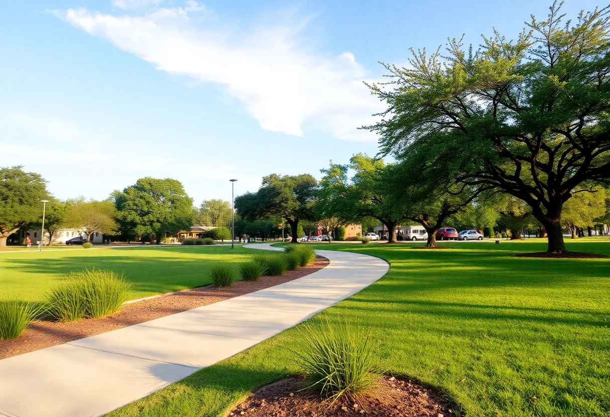 A peaceful community park in Austin, Texas, representing community safety and awareness.