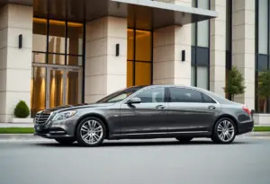 Luxury executive sedan in front of modern infrastructure