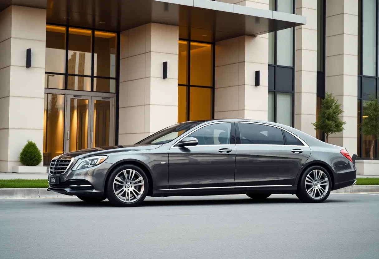 Luxury executive sedan in front of modern infrastructure