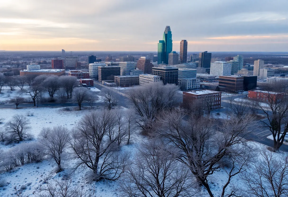 Winter landscape of Austin, Texas during an extreme cold warning