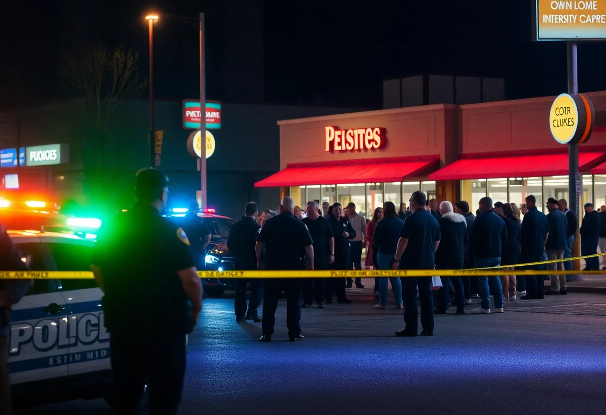 Police investigation at a strip mall in Austin at night