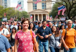A diverse group of people in Austin, Texas, symbolizing immigration and community.
