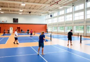 Indoor pickleball courts in Austin with players enjoying the game.
