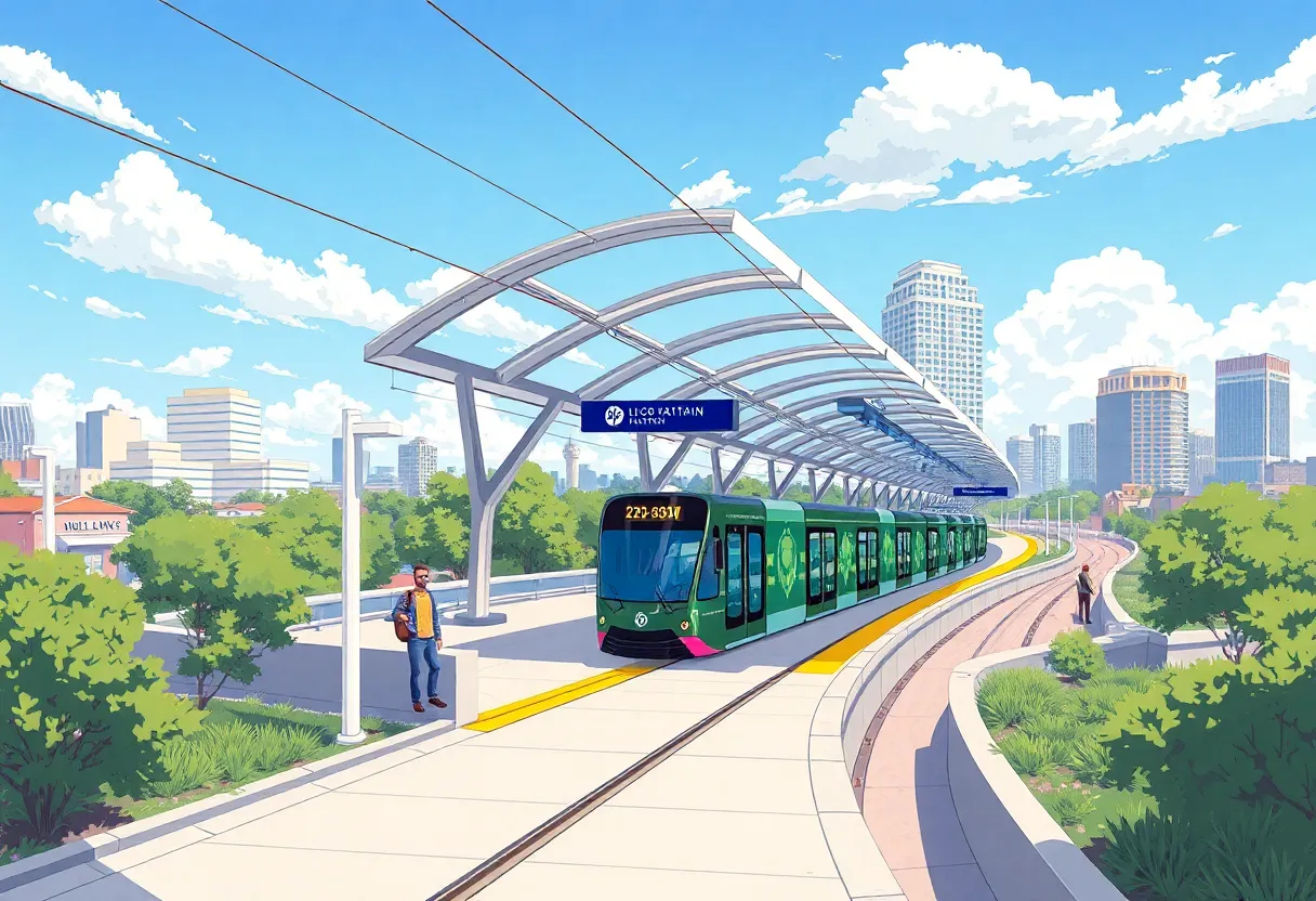 Conceptual image of an Austin light rail station in an urban setting