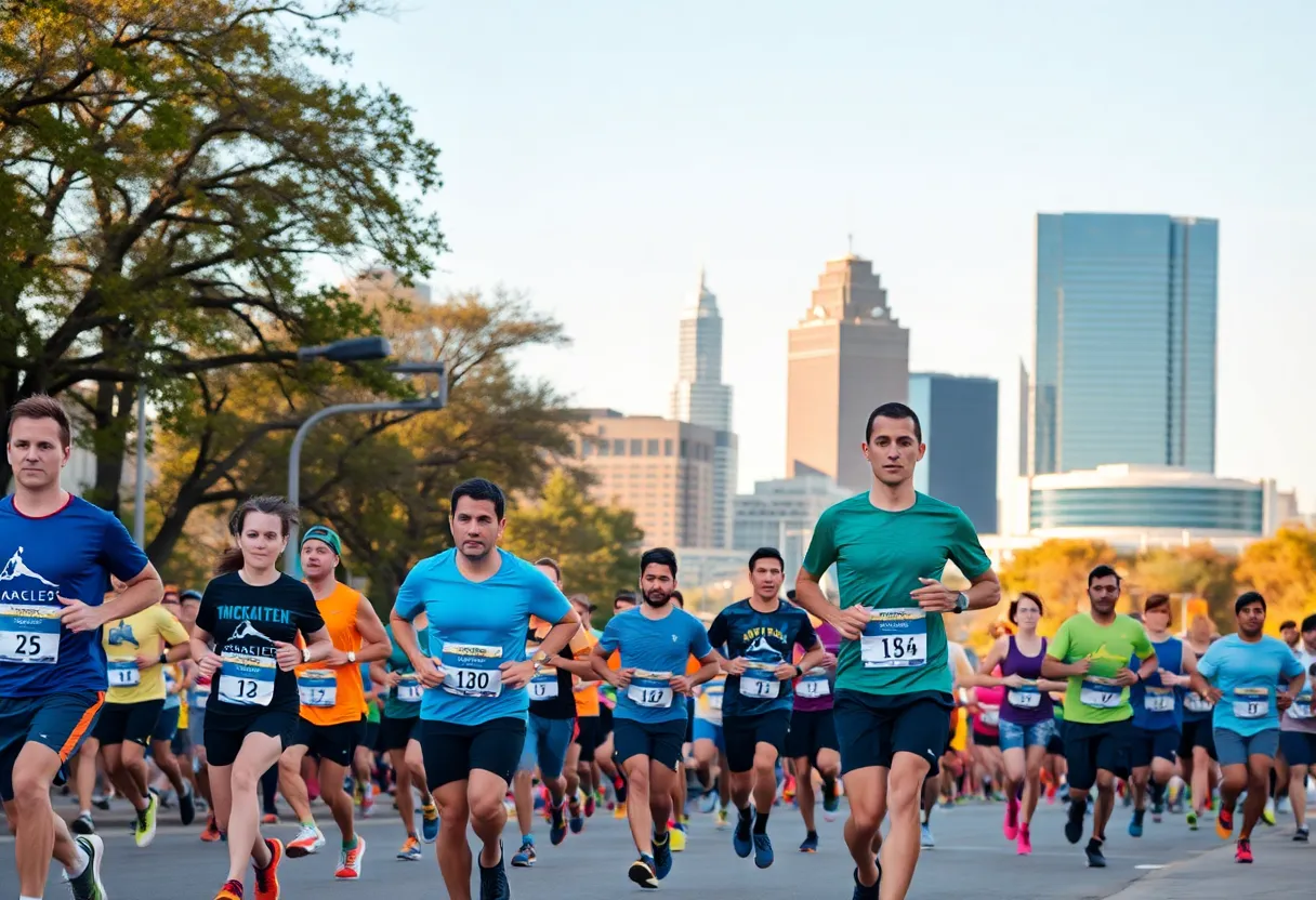 Runners participating in the Austin Marathon with the city skyline in the background.