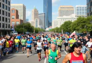 Runners participating in the Austin Marathon with downtown Austin in the background.