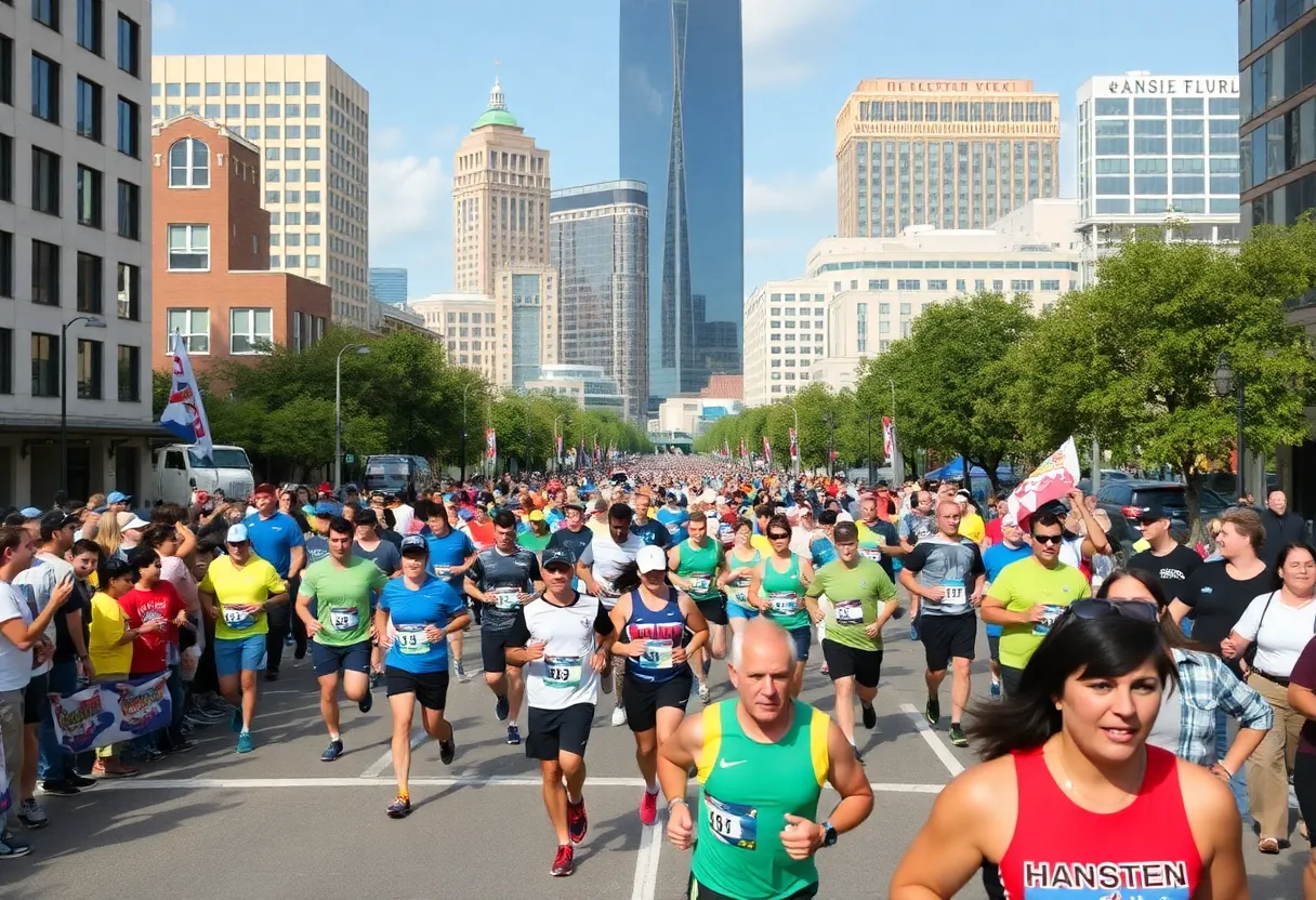 Runners participating in the Austin Marathon with downtown Austin in the background.