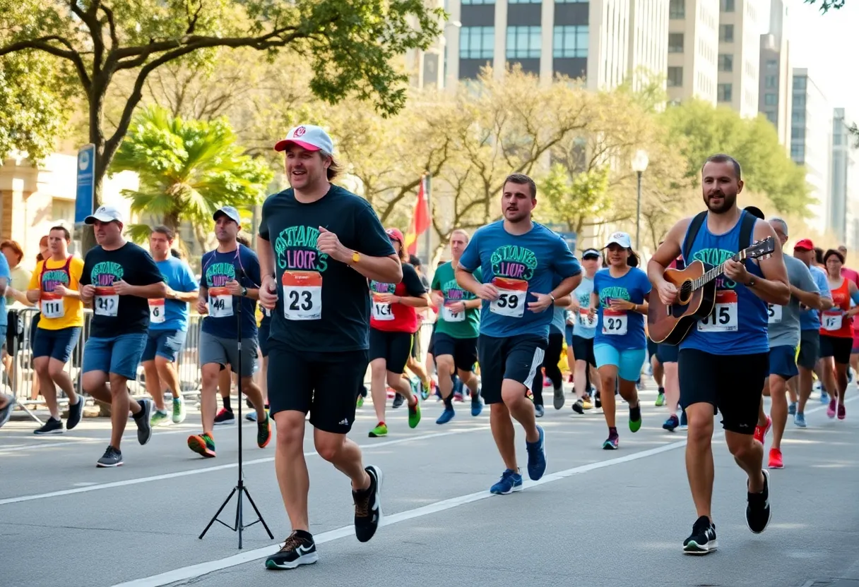 Runners and local bands along the Austin Marathon course