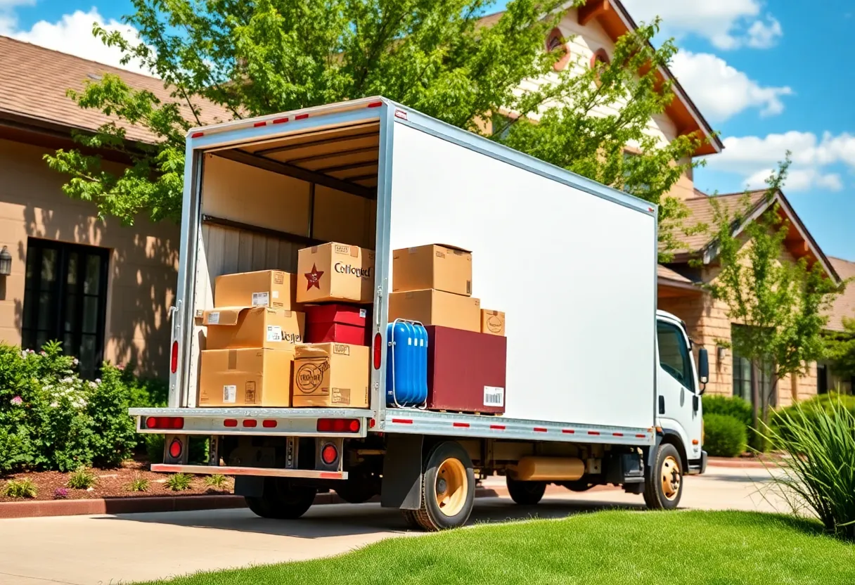Austin's Move and Care moving truck outside a residential property